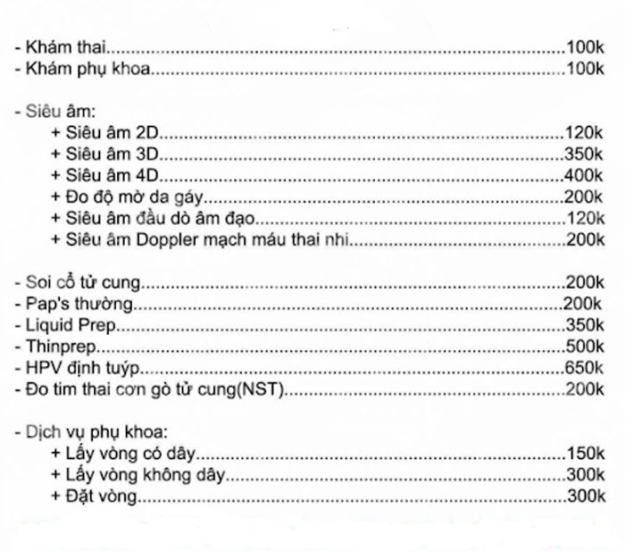 bảng giá dịch vụ siêu âm